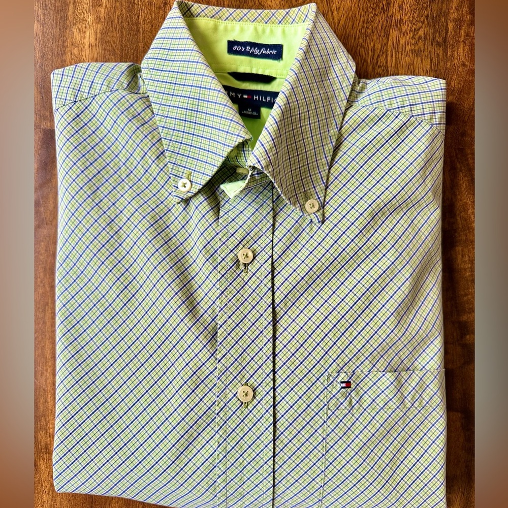 Tommy Hilfiger Green Plaid 80's 2 ply Flip Cuff Long Sleeve Cotton Shirt Medium